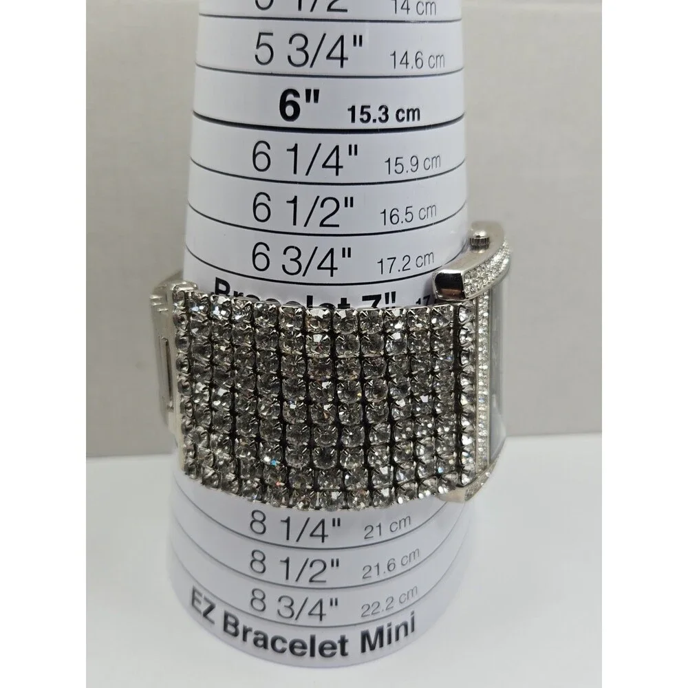 Suzanne Somers Womens Silver Tone Pave Crystal Wide Watch Black Dial New Battery